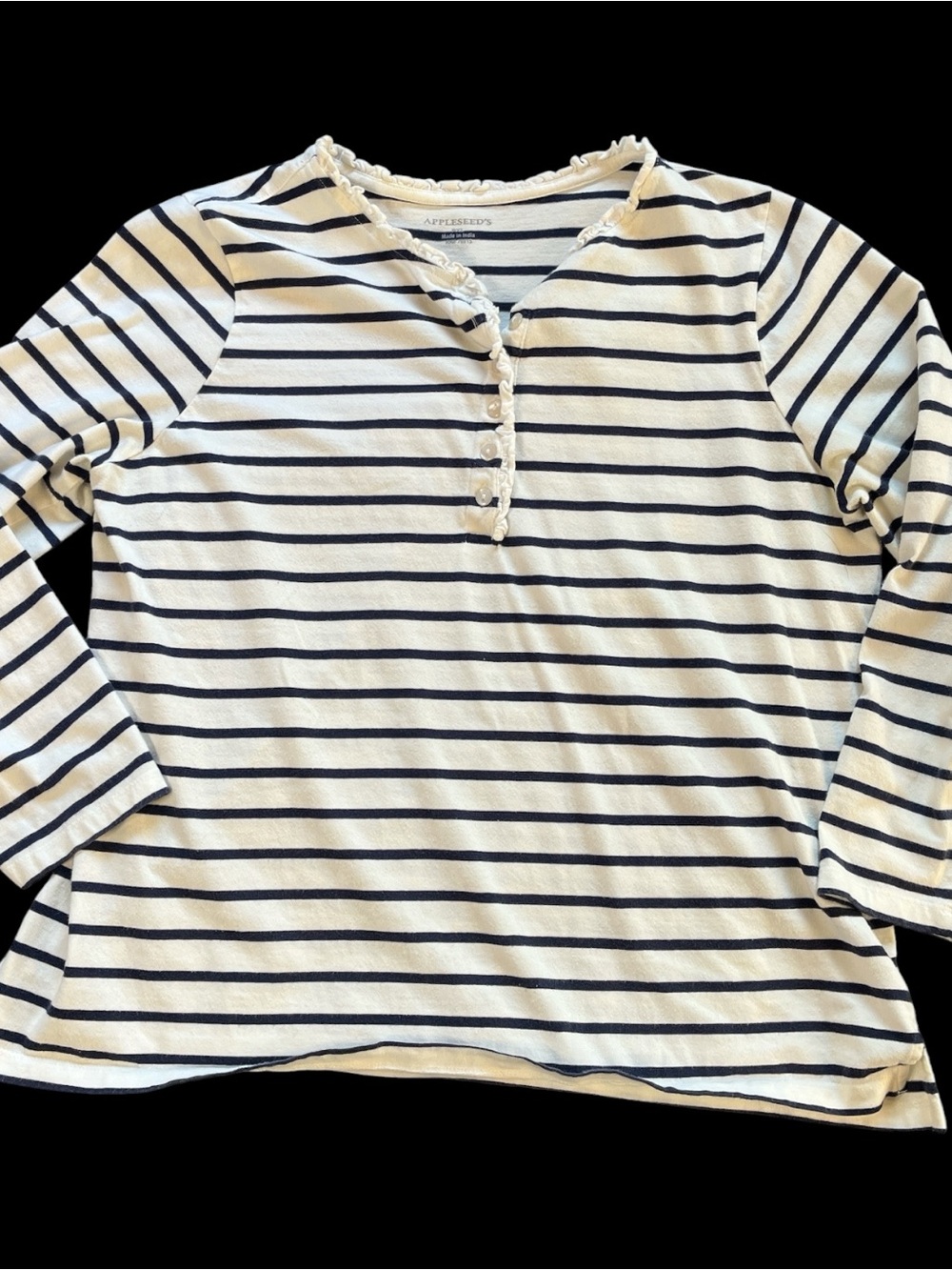 Appleseed's Cream & Navy Striped Ruffle Quarter Button Up Shirt Ladies XL!